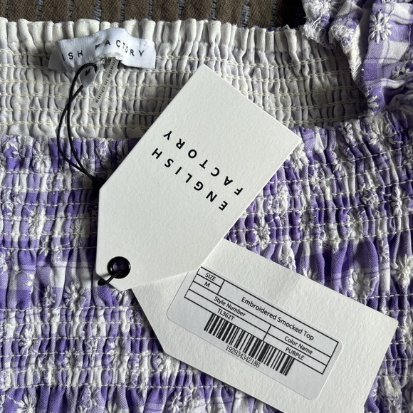English Factory Square Neck Purple Gingham Smocked Short Sleeve Blouse Medium - Picture 5 of 7